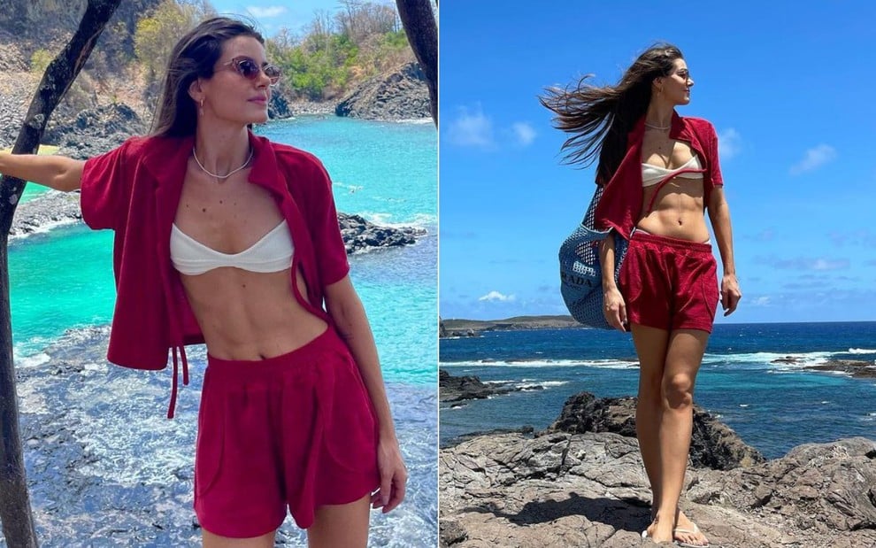 Montagem com duas imagens de Camila Queiroz posando de óculos escuros em frente ao mar; atriz usa top branco e conjunto de shorts e camisa vermelhos