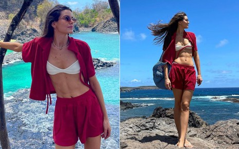 Montagem com duas imagens de Camila Queiroz posando de óculos escuros em frente ao mar; atriz usa top branco e conjunto de shorts e camisa vermelhos