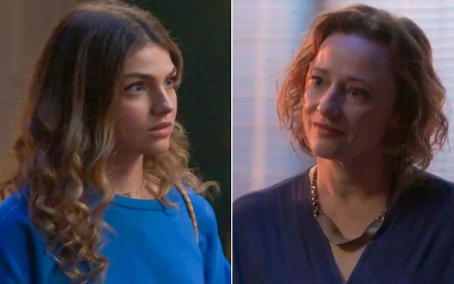 As atrizes Vitoria Bohn e Paula Braun como Lou e Olívia em Cara e Coragem; na montagem, elas estão olhando para o mesmo lado, enquanto a primeira olha com cara de surpresa e a segunda com ar de deboche