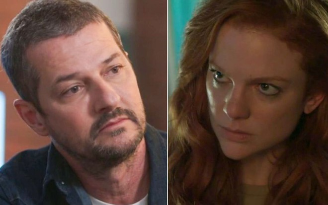 Maria Eduarda de Carvalho e Marcelo Serrado em Cara e Coragem; na montagem, eles estão olhando para o mesmo lado com cara séria e de enfrentamento