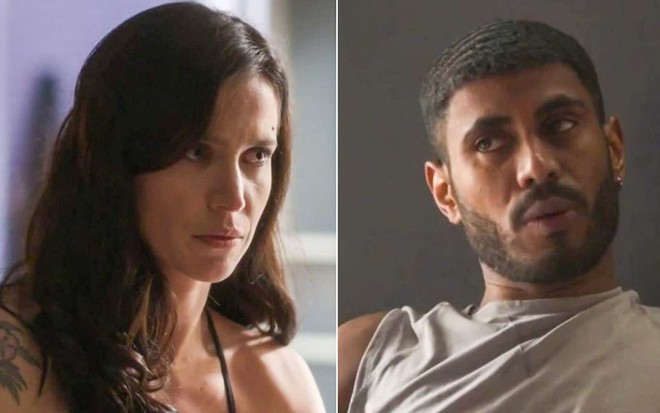 A atriz Mel Lisboa e o ator Ícaro Silva como Regina e Leonardo em Cara e Coragem; na montagem, eles estão olhando para o mesmo lado, ela com cara séria e ele com olhar atento enquanto conversa