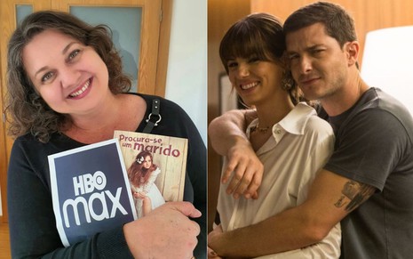 Montagem: Carina Rissi segura um papel com HBO Max escrito e o livro Procura-se um Marido; Camila Queiroz é abraçada por Klebber Toledo em set de filme