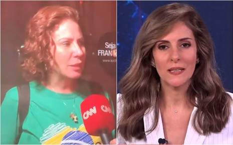 A deputada federal Carla Zambelli e a jornalista Monalisa Perrone; na montagem, a primeira está olhando para o lado enquanto dá uma entrevista para a CNN Brasil e a segunda olha para frente enquanto comanda um telejornal do canal