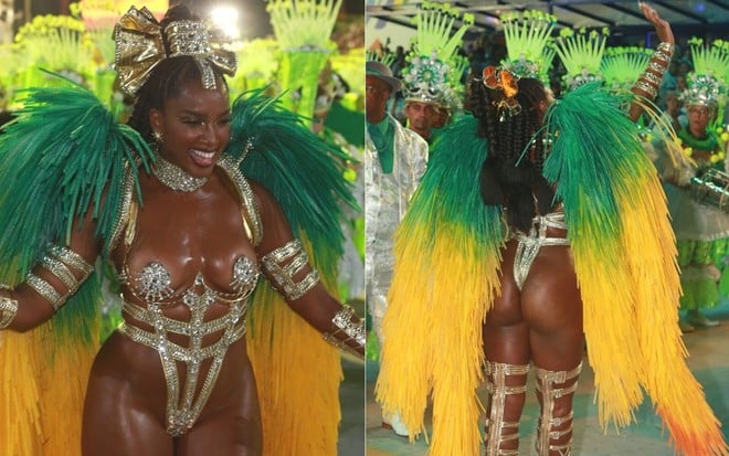 Rainha, Iza usa fantasia dourada, verde e amarela no desfile da Imperatriz Leopoldinense