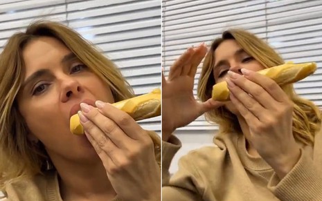 Montagem com duas fotos de Carolina Dieckmann comendo pão