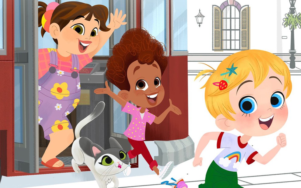 Becky, Freckie e Ellen descem de um ônibus escolar em imagem da animação Little Ellen, do Cartoonito