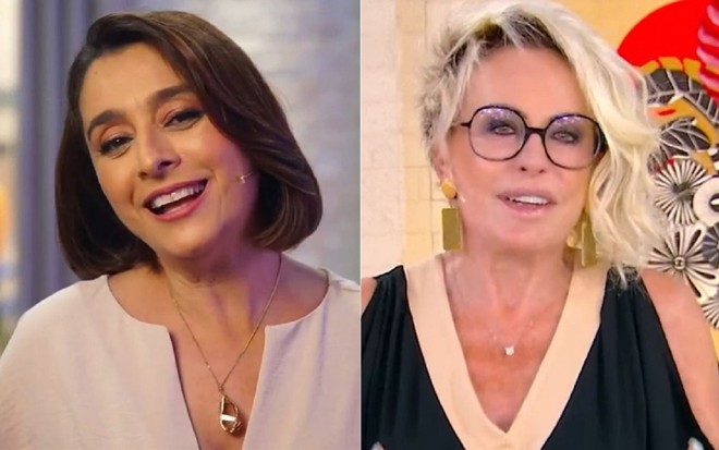 Catia Fonseca com um vestido rosa e Ana Maria Braga com óculos e um vestido preto