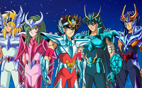 Hyoga, Shun, Seiya, Shiryu e Ikki posam em cena do anime Os Cavaleiros do Zodíaco