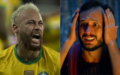 Montagem de fotos com Neymar gritando em jogo da Copa América, e cena de Isaque aflito em Gênesis