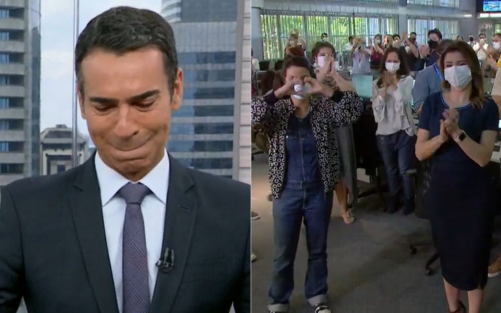 Montagem de fotos com César Tralli chorando no SP1, e equipe aplaudindo na Redação da Globo em São Paulo