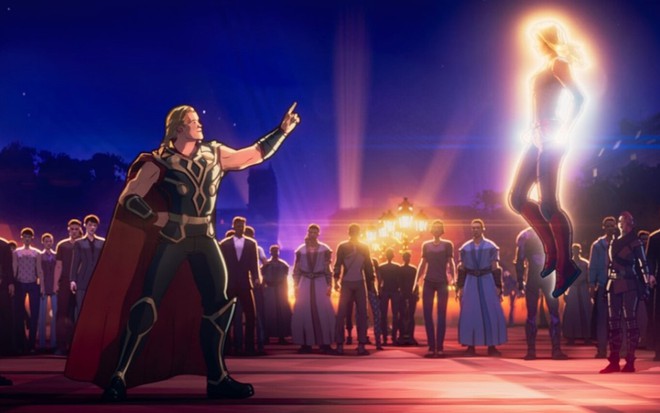 Thor (Chris Hemsworth) e Capitã Marvel (Alexandra Daniels) em cena de What If