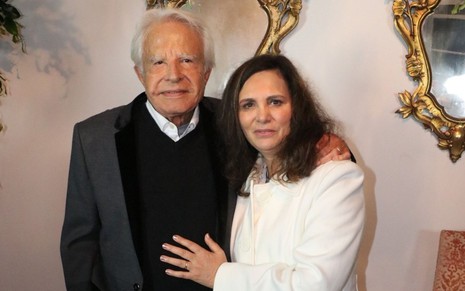 Cid Moreira e Fátima Sampaio no aniversário de 92 anos do jornalista, em 2019