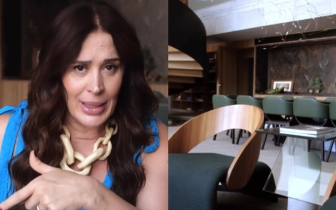 Na montagem: Claudia Raia (à esquerda) e sala de estar (à direita)