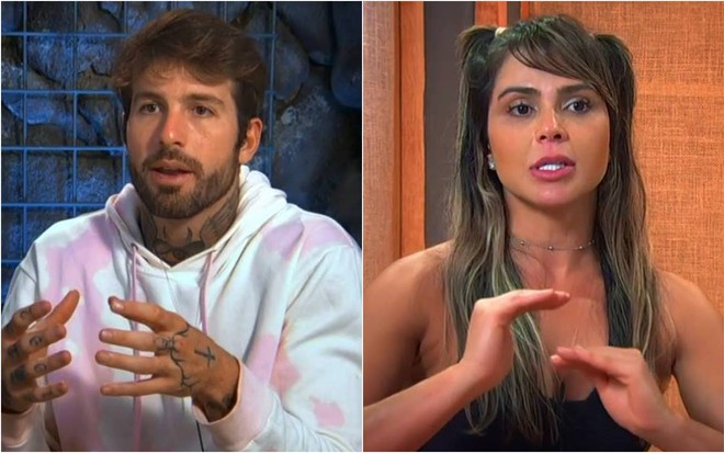 Claudinho olha para frente, usa blusa branca e está sentado na frente de uma parede branca; Nadja olha para frente, veste regata preta e está na frente de uma parede de madeira