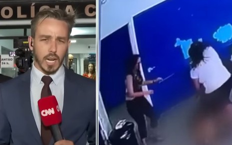 O repórter Mathias Brotero, da CNN, em frente à Polícia Civil, em cobertura da CNN sobre aluno que esfaqueou professora na escola