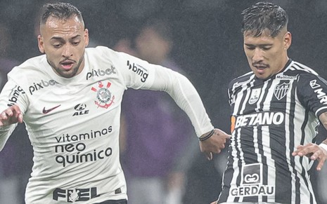 Imagem com jogadores Maycon (Corinthians), à esquerda, e Zaracho (Atlético-MG), à direita