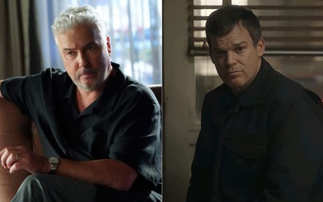 Montagem de William Petersen em cena de CSI: Vegas e Michael C. Hall em cena de Dexter: New Blood