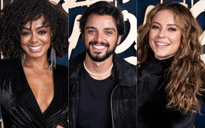 Montagem de fotos com Dandara Mariana, Rodrigo Simas e Paolla Oliveira em frente ao logo da Super Dança dos Famosos