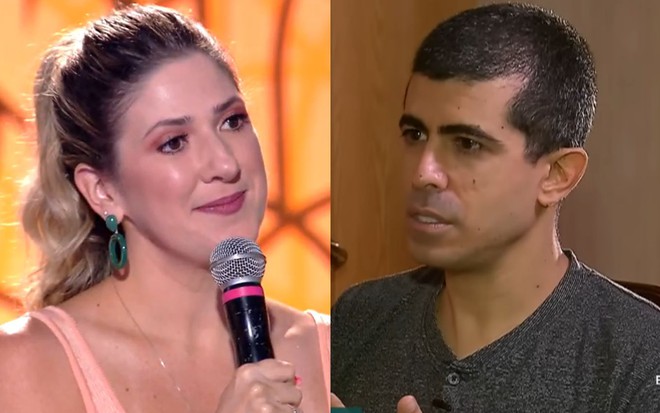 Dani Calabresa no Encontro com uma blusa rosa; Marcius Melhem com uma camisa preta na Record