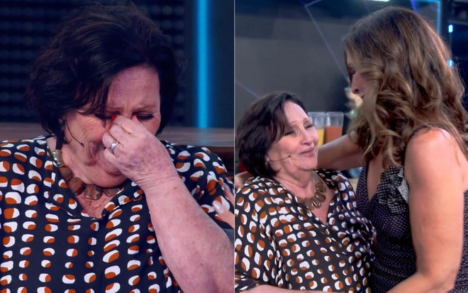 Montagem de fotos com Déa Lúcia chorando no Domingão com Huck