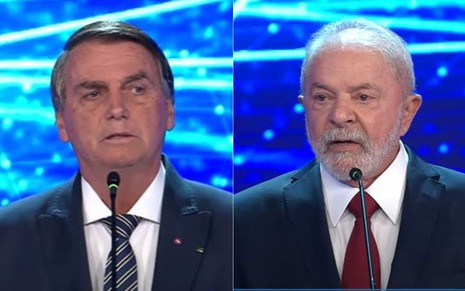Montagem com imagens de Jair Bolsonaro (à esq.) e Lula durante o debate da Band