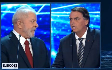 Montagem com Lula à esquerda e Bolsonaro à direita no debate da Band