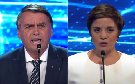 Montagem com imagens de Jair Bolsonaro (à esq.) e Vera Magalhães durante debate na Band