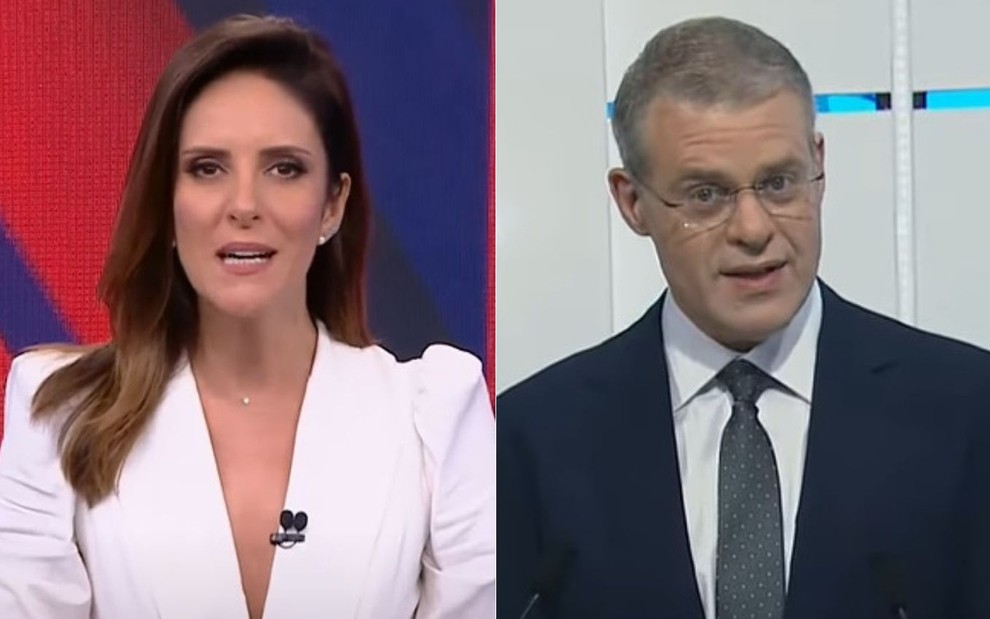Montagem de fotos com Monalisa Perrone (CNN Brasil) e Eduardo Oinegue (Band) no comando de debates eleitorais