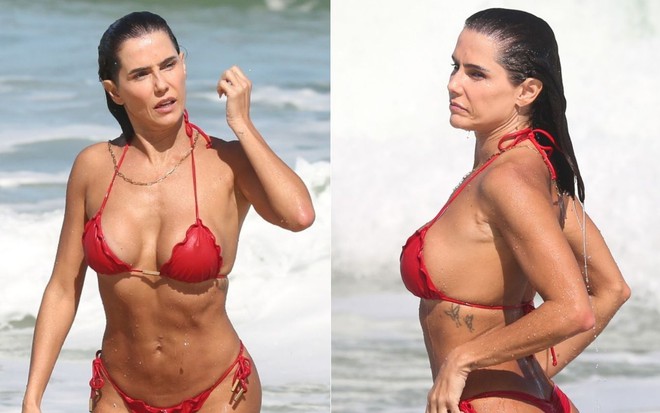 Montagem de fotos com Deborah Secco de biquíni na praia