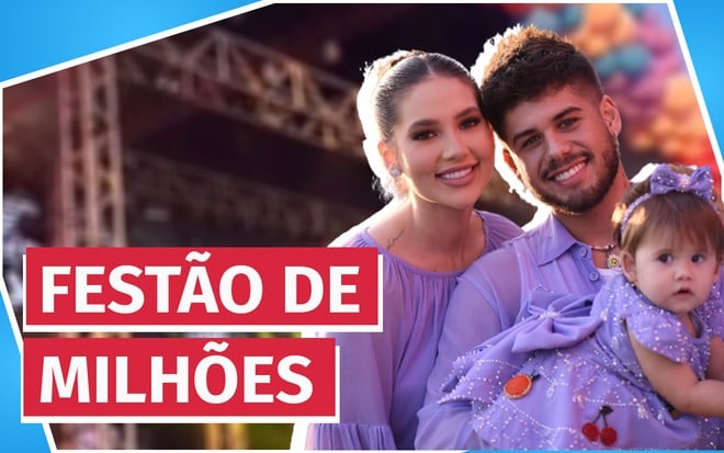 Virginia, Zé Felipe e Maria Alice vestem roupa lilás; a imagem inclui uma montagem com a decoração de aniversário