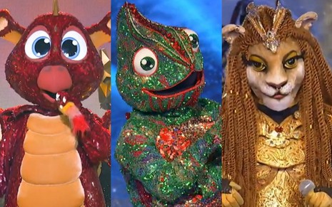 Dragão, Camaleão e Leoa estão lado a lado em montagem do reality The Masked Singer
