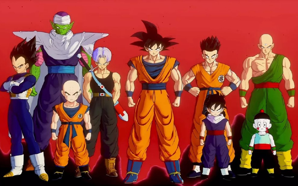 Protagonistas do anime Dragon Ball Z: Vegeta, Piccolo, Kuririn, Trunks, Goku, Tenchiran, Chaos, Yancha e Gohan