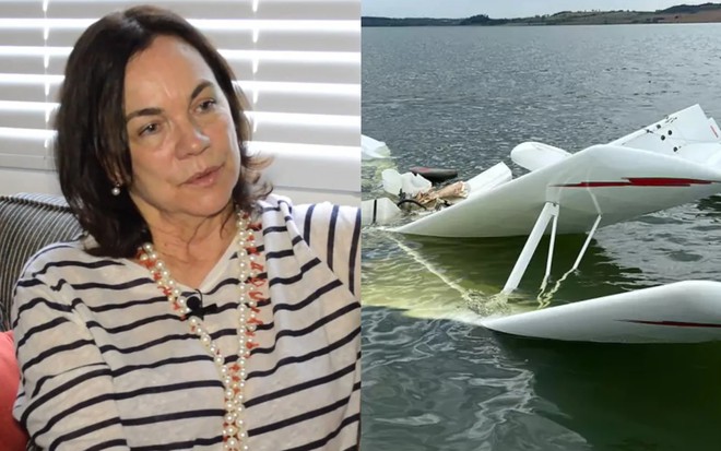 Na montagem: Edna Tralli (à esquerda) e avião destruído no momento de acidente (à direita)