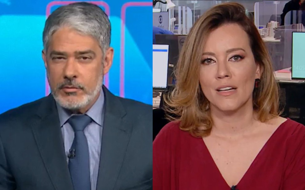 William Bonner com uma gravata azul no Jornal Nacional; Natuza Nery na GloboNews