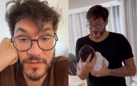 Eliezer em selfie e depois carregando a filha bebê no colo
