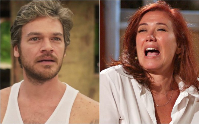 Montagem com fotos dos atores Emilio Dantas, em Segundo Sol, e Lilia Cabral, em Páginas da Vida, novelas da Globo. Ele sério e ela com boca aberta