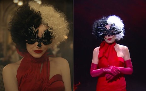 Atriz Emma Stone e apresentadora Ana Maria Braga vestem vestido vermelho, usam peruca preta e branca, e máscara no rosto