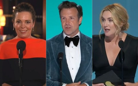 Montagem de fotos com Olivia Colman (The Crown), Jason Sudeikis (Ted Lasso) e Kate Winslet (Mare of Easttown), na noite de vencedores do Emmy
