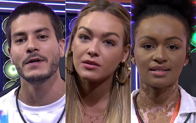 Montagem de fotos Arthur Aguiar, Bárbara Heck e Natália Deodato no confessionário do BBB 22