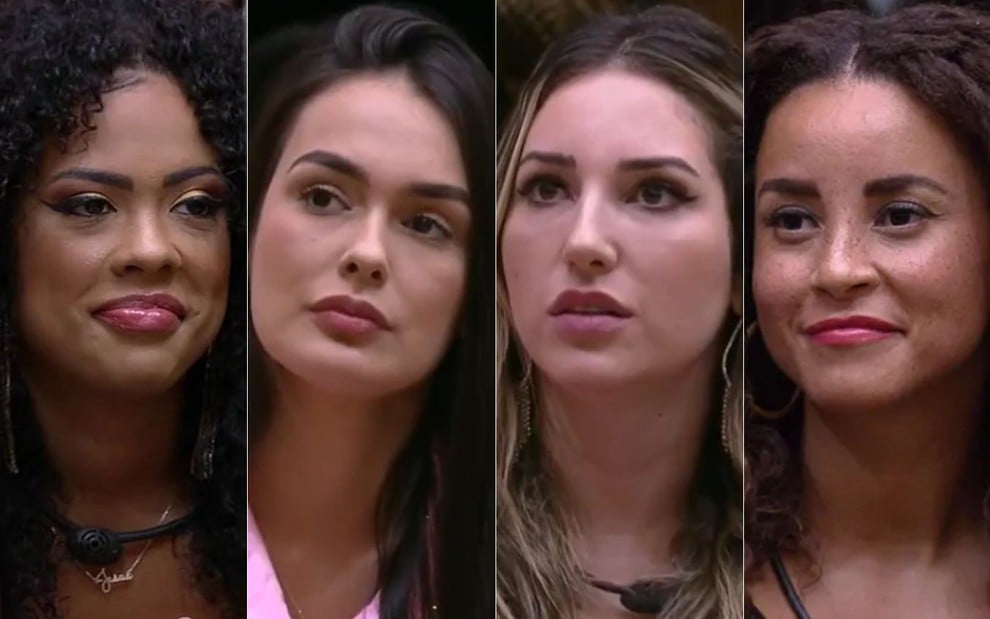 Montagem com Marvvila, Larissa, Amanda e Domitila na sala do BBB 23