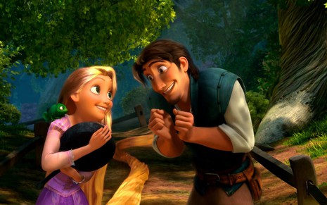 Rapunzel e Flynn em cena de Enrolados