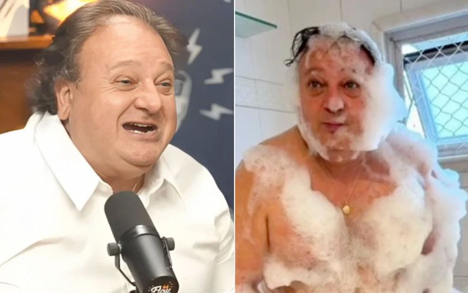 Montagem com Erick Jacquin dando entrevista à esquerda e Jacquin tomando banho à direita