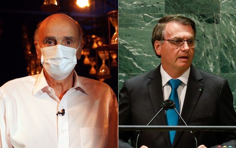 Drauzio Varella usa máscara cirúrgica e veste camisa branca; no lado direito da montagem, Jair Bolsonaro discursa na ONU