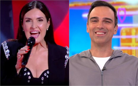 Montagem com Fátima Bernardes à esquerda no The Voice Brasil e Tadeu Schmidt à direita no BBB 23