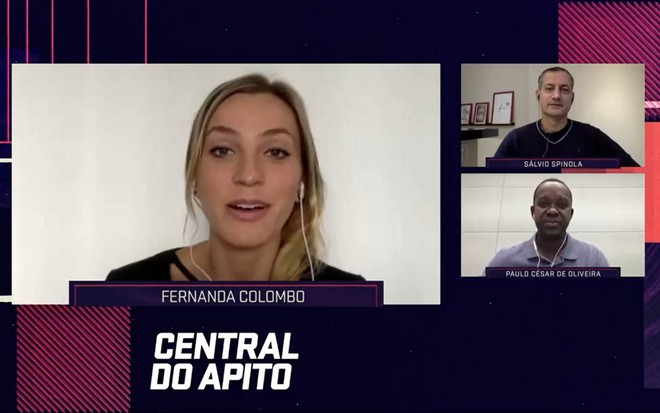Fernanda Colombo, Sálvio Spínola e PC de Oliveira no quadro Central do Apito, do Seleção SporTV