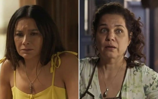 As atrizes Dira Paes e Isabel Teixeira como Filó e Maria Bruaca em Pantanal; A primeira está olhando para o lado com cara de aflita e a segunda olhando reto com cara de horrorizada