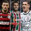 Montagem com os jogadores Arrascaeta (Flamengo), Nathan (Fluminense) e Fagner (Corinthians)