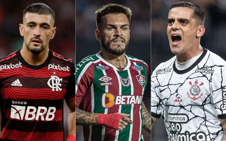 Montagem com os jogadores Arrascaeta (Flamengo), Nathan (Fluminense) e Fagner (Corinthians)