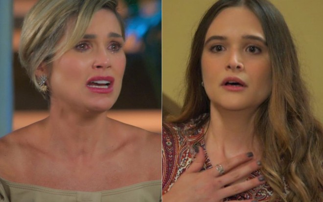 Montagem com as atrizes Flávia Alessandra e Juliana Paiva com expressões de emoção e choque em cenas de Salve-se Quem Puder
