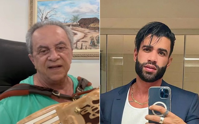 Montagem com foto do cantor Flávio José à esquerda e do cantor Gusttavo Lima à direita
